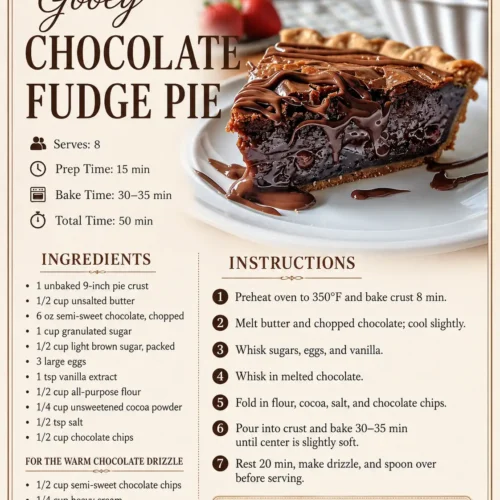 Printable recipe card for gooey chocolate fudge pie with ingredient list, baking instructions, and serving details