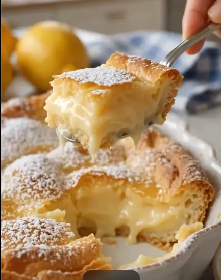 Magic Lemon Custard Cobbler with creamy lemon custard filling and flaky golden crust dusted with powdered sugar