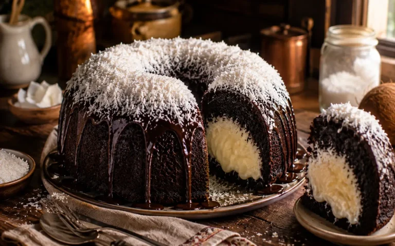 Southern Black Cocoa Coconut Cream Pound Cake with thick coconut custard filling, chocolate ganache, and shredded coconut