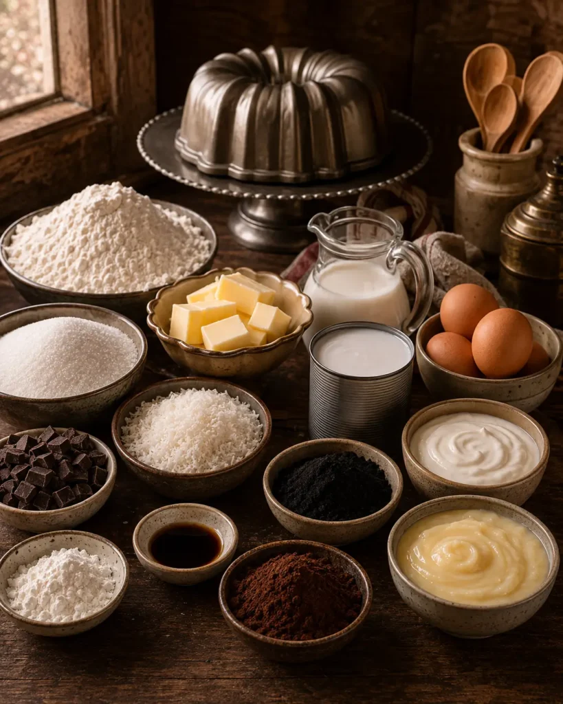 Ingredients for Black Cocoa Coconut Cream Pound Cake including cocoa, coconut, eggs, butter, milk, chocolate, and custard