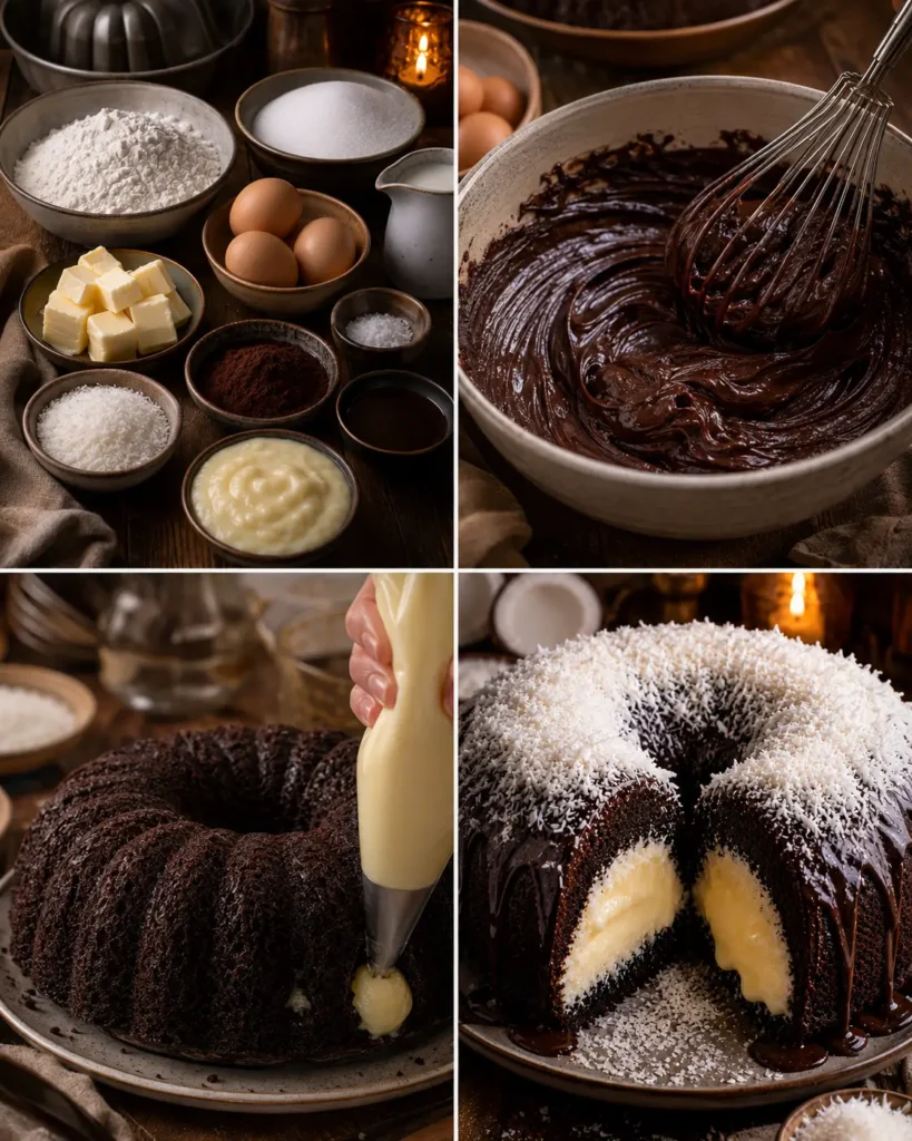 Step-by-step preparation of Black Cocoa Coconut Cream Pound Cake with chocolate batter, coconut filling, and finished Bundt cake