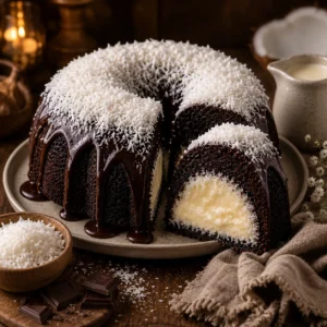 Slice of Southern Black Cocoa Coconut Cream Pound Cake revealing thick creamy coconut custard filling