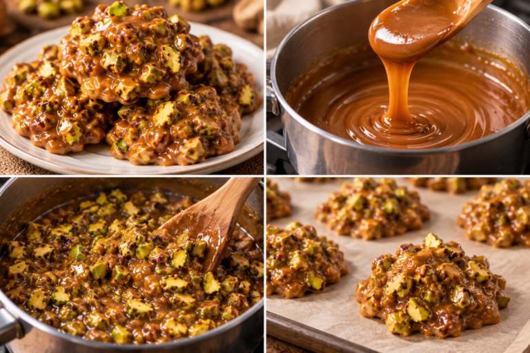 Gooey Brown Sugar Pistachio Pralines showing caramel pouring, pistachio mixing, and finished candy clusters