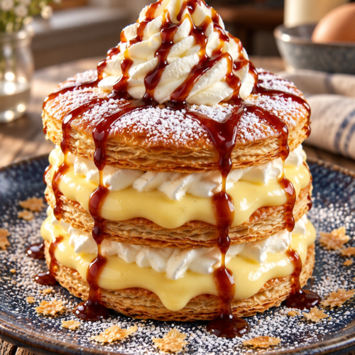 Vanilla Custard Napoleon with three golden puff pastry layers, thick vanilla custard, whipped cream, and glossy caramel.
