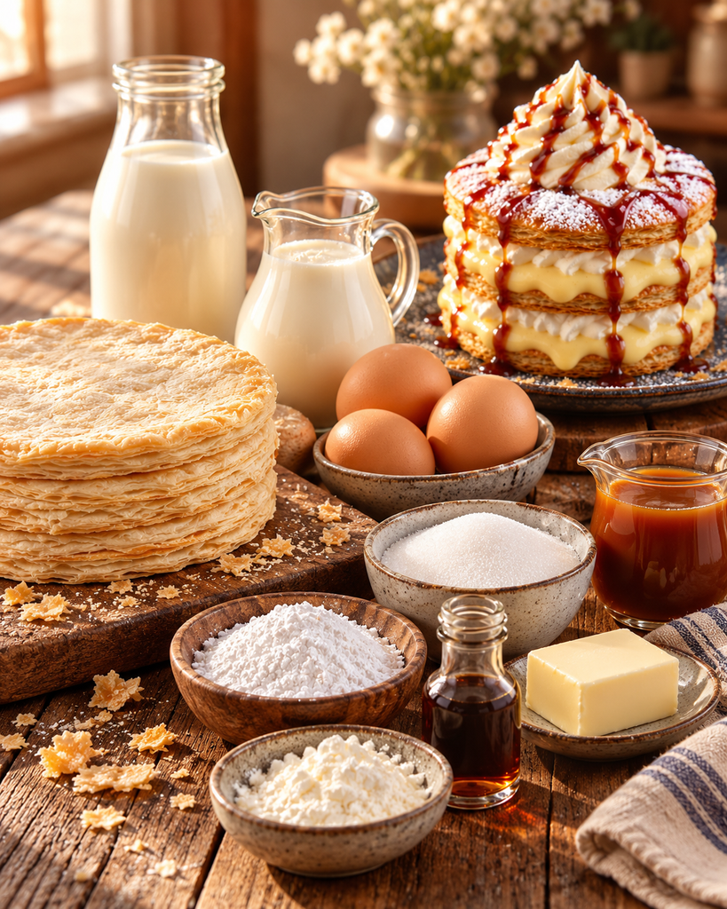 Vanilla Custard Napoleon ingredients including puff pastry, eggs, milk, heavy cream, sugar, butter, vanilla, and caramel.