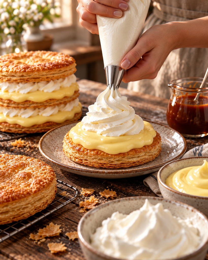 Vanilla Custard Napoleon preparation showing whipped cream being piped over thick vanilla custard and golden puff pastry.