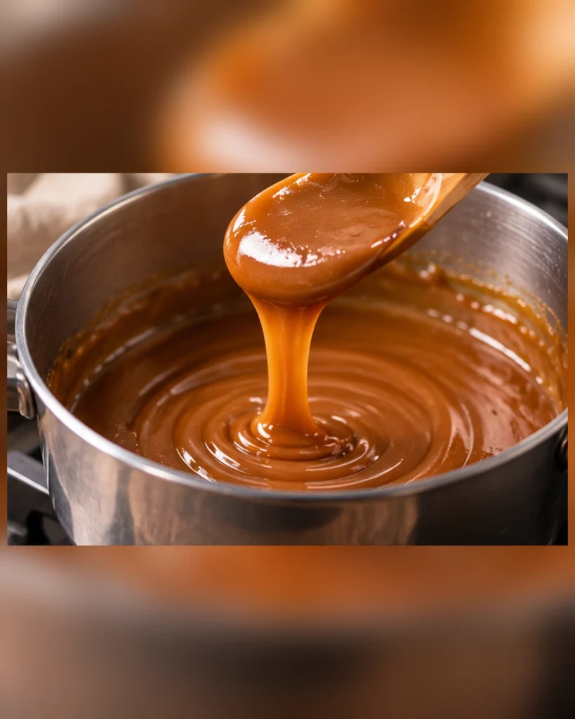 Gooey Brown Sugar Pistachio Pralines caramel preparation with thick, glossy brown sugar syrup flowing from a wooden spoon