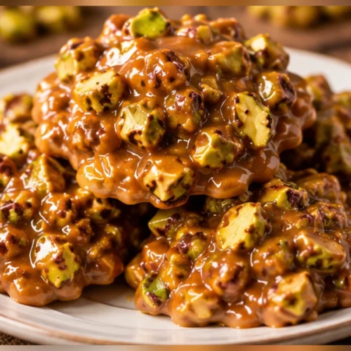 Gooey Brown Sugar Pistachio Pralines with glossy caramel and crunchy chopped green pistachios on a white plate
