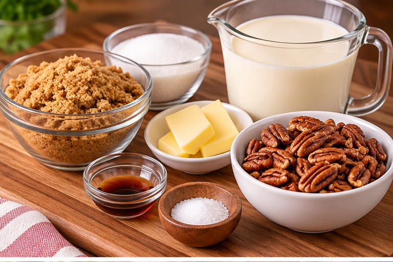 Southern Pecan Pralines ingredients including brown sugar, pecans, heavy cream, butter, vanilla and salt