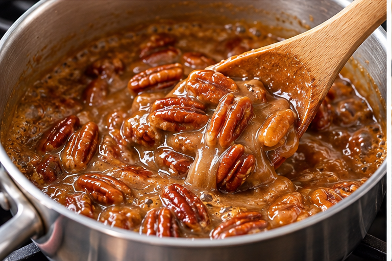 How to make Southern Pecan Pralines by stirring toasted pecans into thick homemade brown sugar caramel