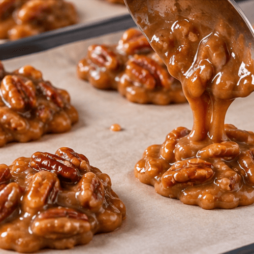 Fresh Southern Pecan Pralines being spooned onto parchment paper with caramel-coated pecan halves
